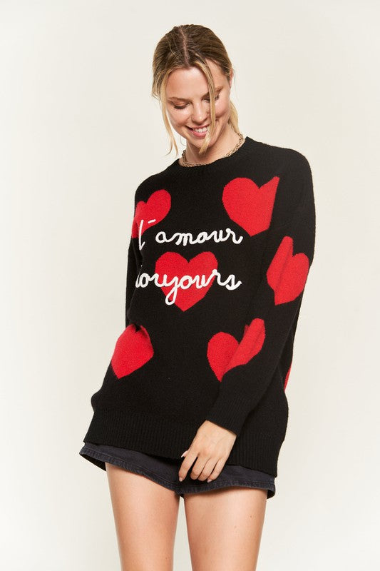 HEART PRINT OVERSIZED SWEATER