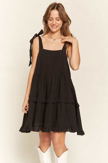 Black Square Neck Ruffle Dress