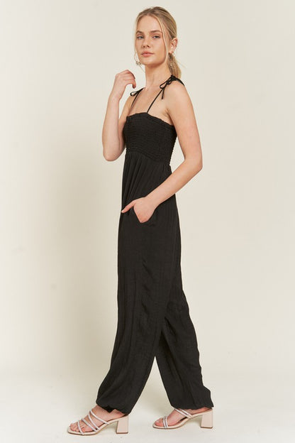 Smocked Tie Strap Jumpsuit