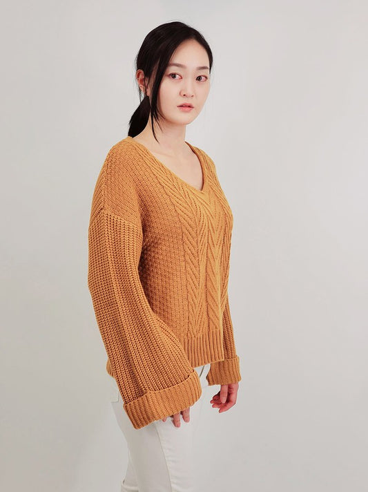 V Neck Bell-Sleeve Cable-Knit Oversize Sweater Top