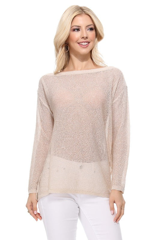 See-Through Boat Neck Knit Top with Side Slit