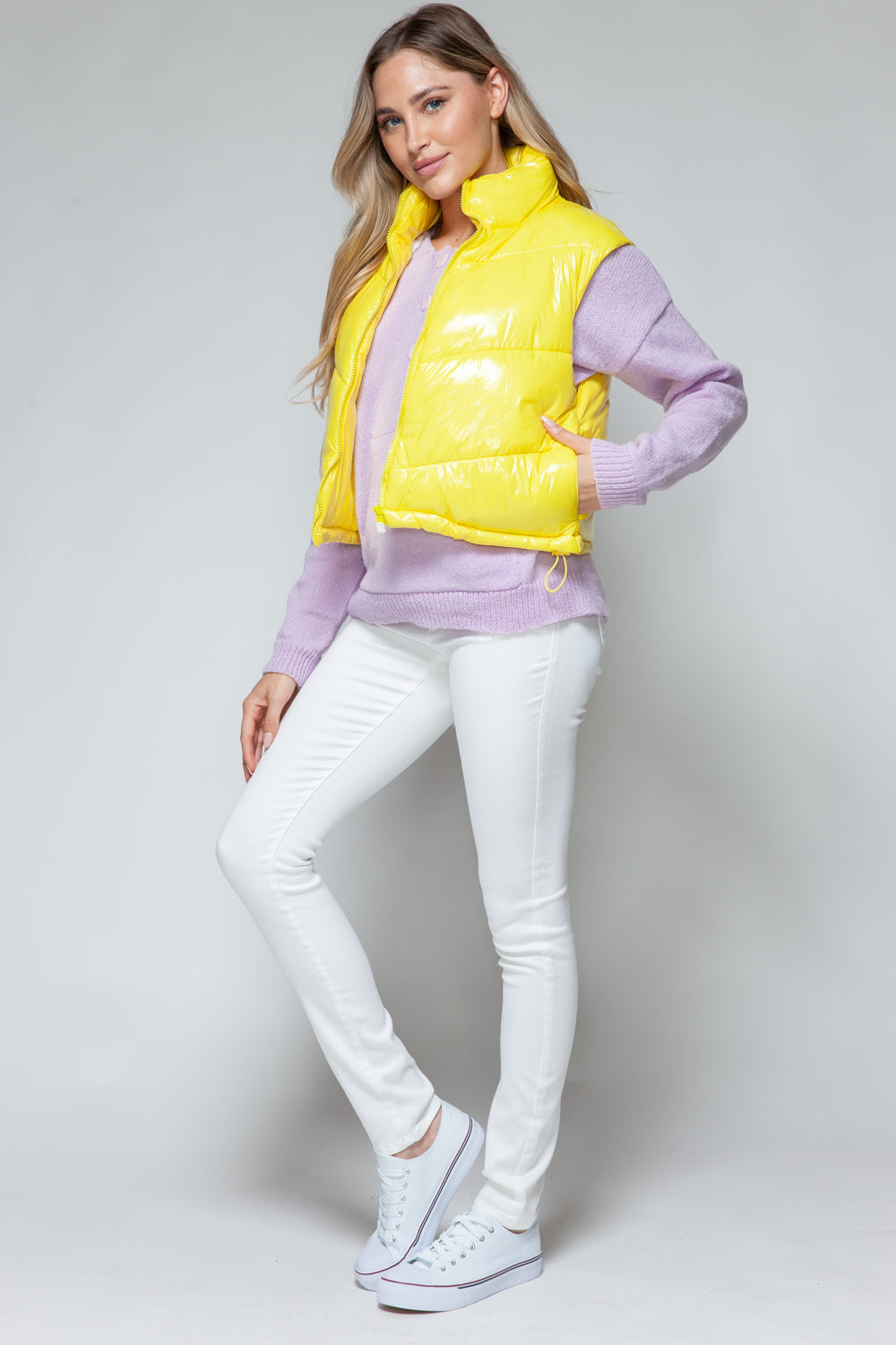 Yollow Zip Up Turtleneck Shiny Quilted Vest