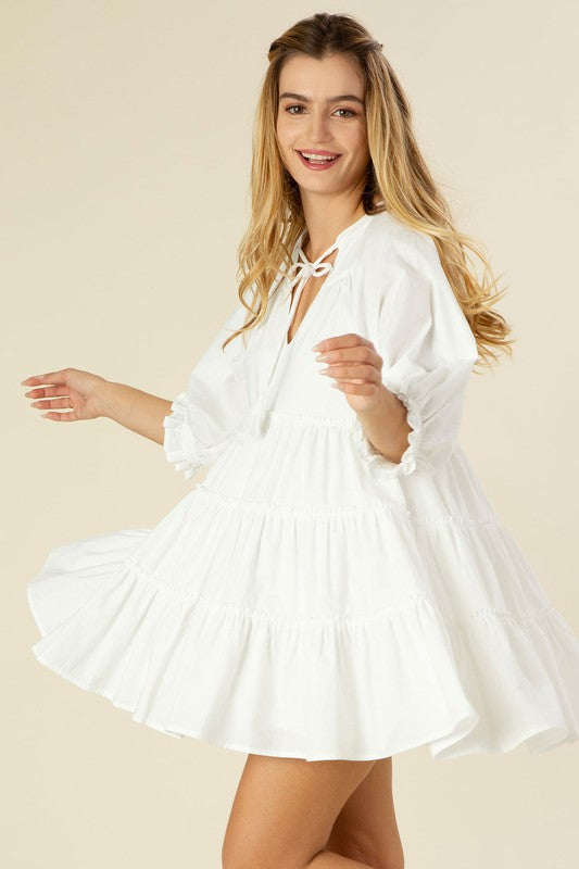 Off White Tiered Mini Dress with Tassel