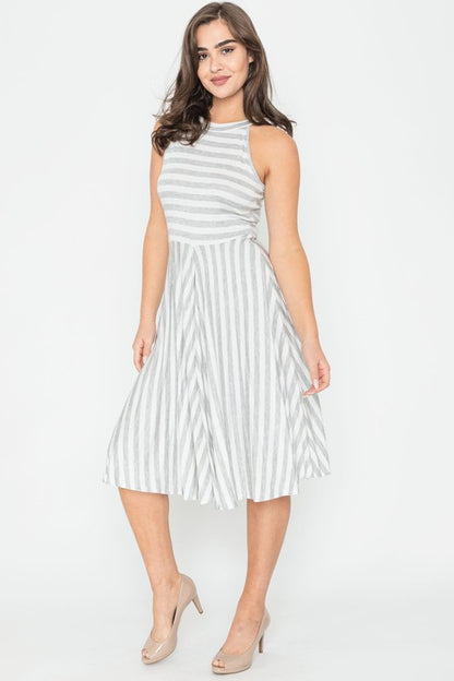 Stripe Halter Neck Midi Swing Dress