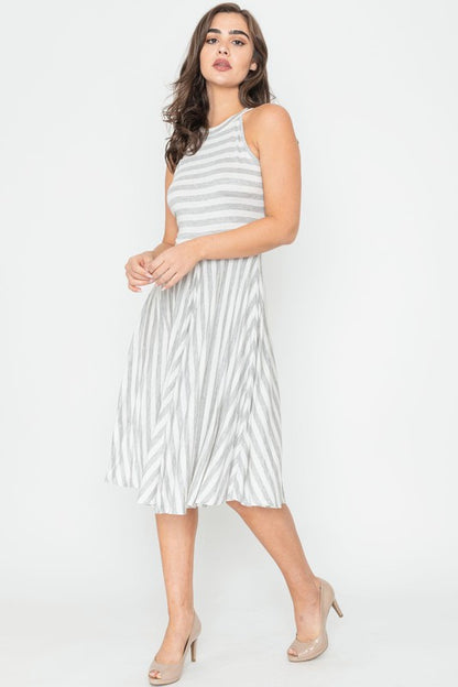 Stripe Halter Neck Midi Swing Dress