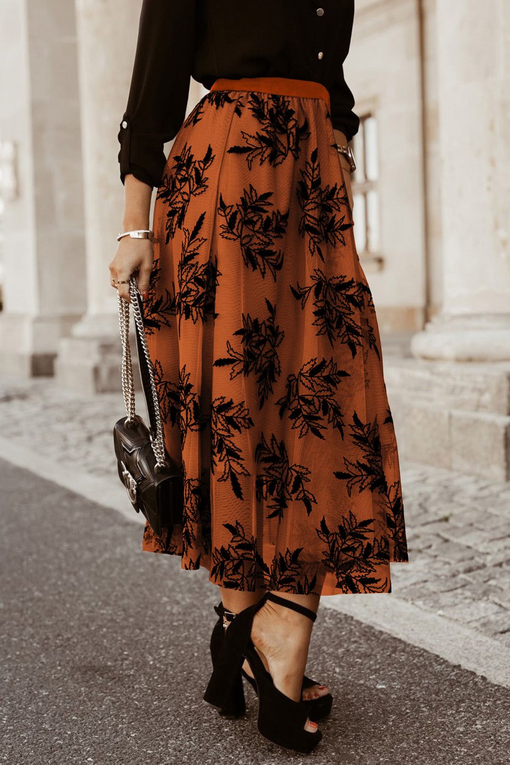 Apricot Floral Leaves High Waist Maxi Skirt