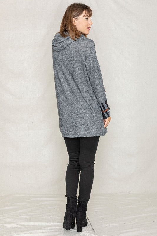 Terry Plaid Trim Hooded Tunic