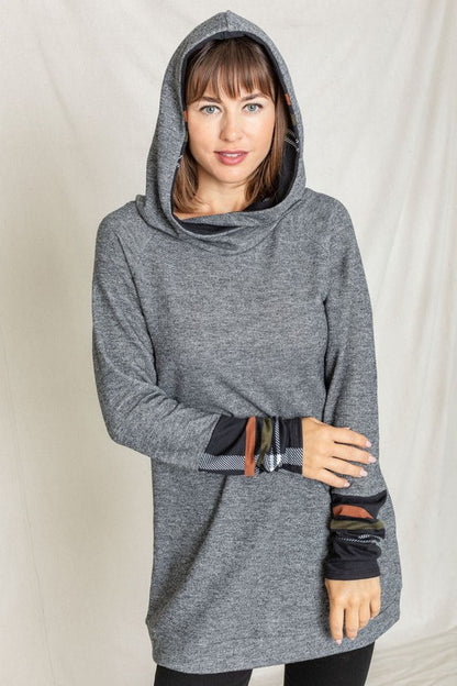 Terry Plaid Trim Hooded Tunic