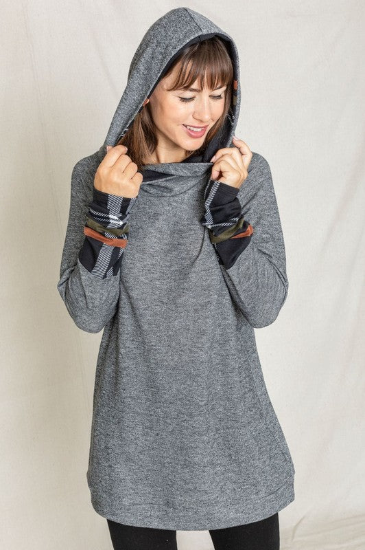 Terry Plaid Trim Hooded Tunic