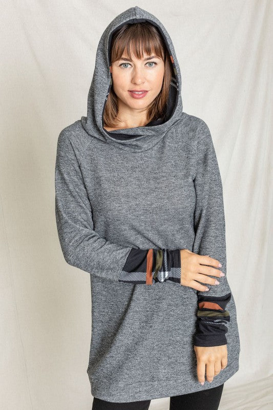 Terry Plaid Trim Hooded Tunic