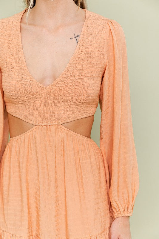 Orange V-Neck Smocking Bodice Dress