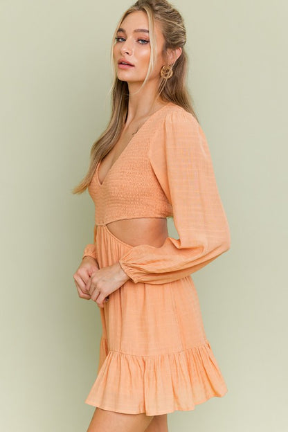 Orange V-Neck Smocking Bodice Dress