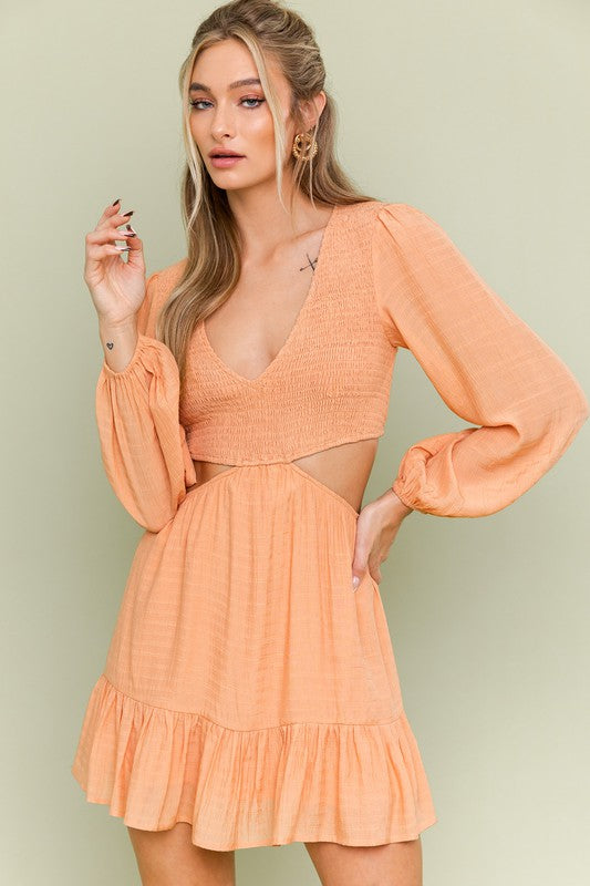 Orange V-Neck Smocking Bodice Dress