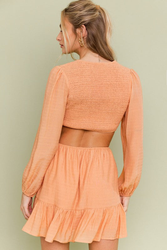 Orange V-Neck Smocking Bodice Dress