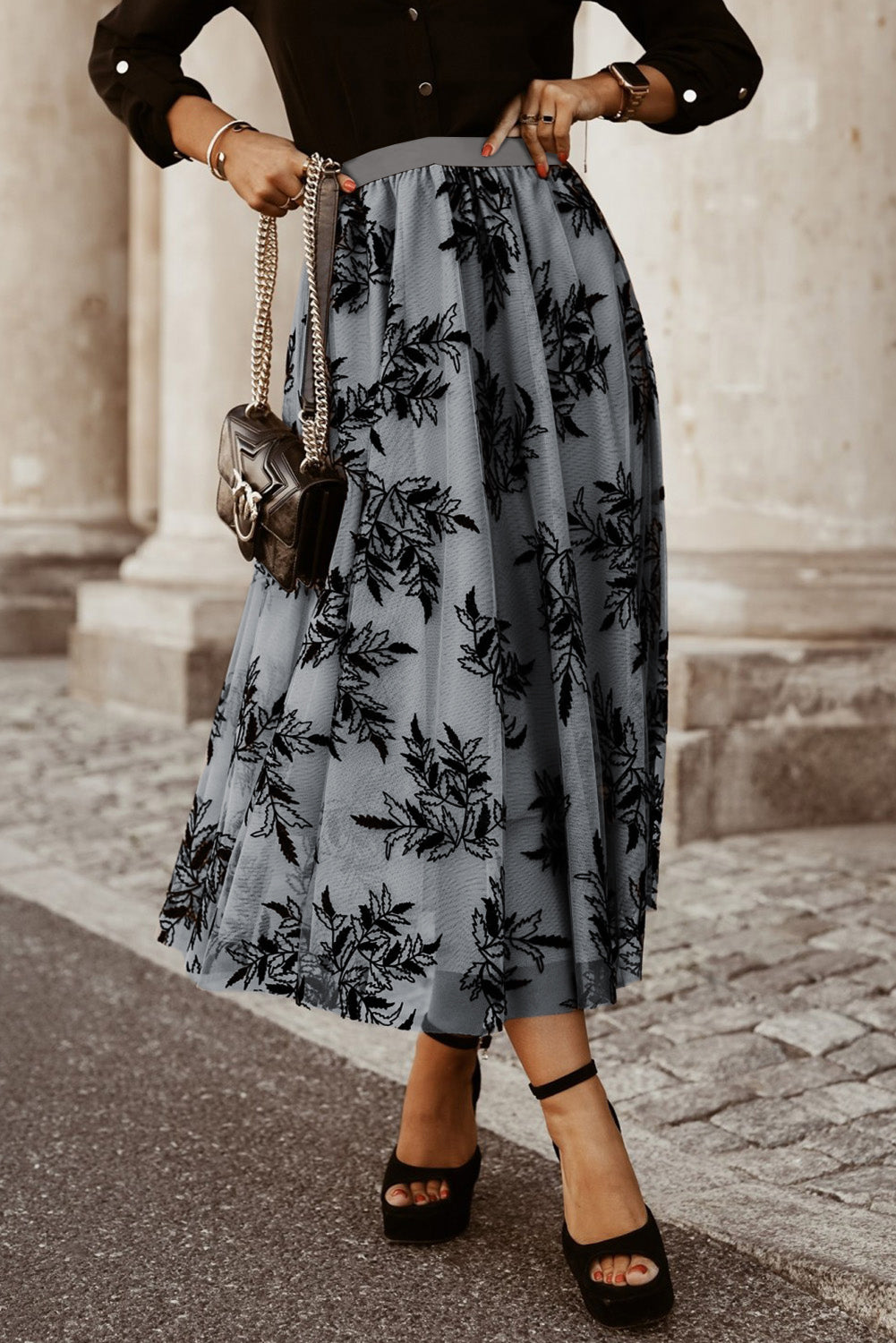 Apricot Floral Leaves High Waist Maxi Skirt