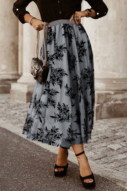 Apricot Floral Leaves High Waist Maxi Skirt