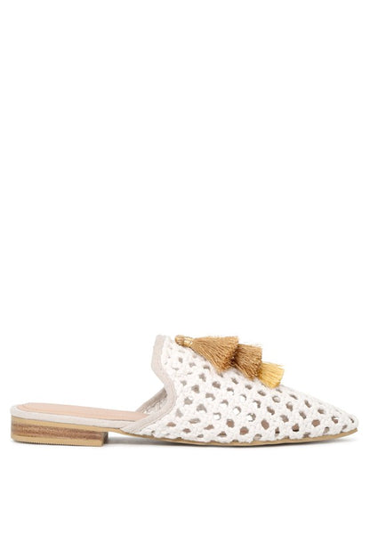 MIRIAM Woven Metallic Tassel Flat Mules