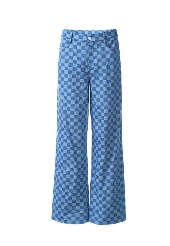 Watercolor Checks Patterned Denim Pants