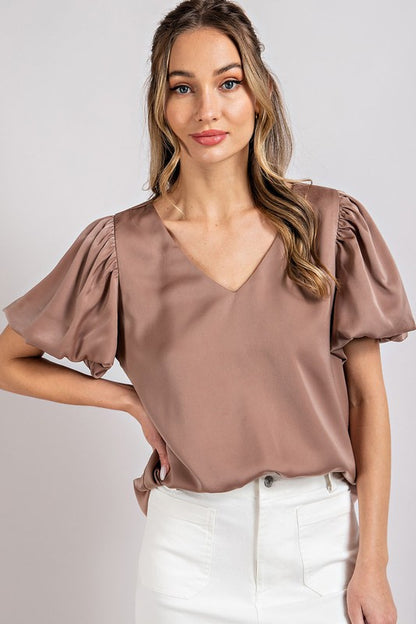 V-Neck Puff Sleeve Blouse Top