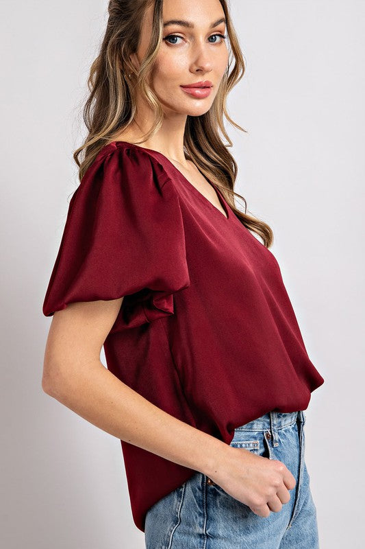 V-Neck Puff Sleeve Blouse Top