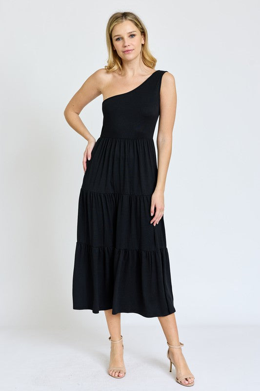 One Shoulder Ruffle Midi Dress