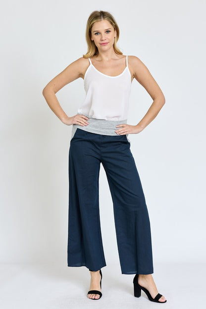 Cotton Linen Wide Leg Pants Fold Over With Pockets