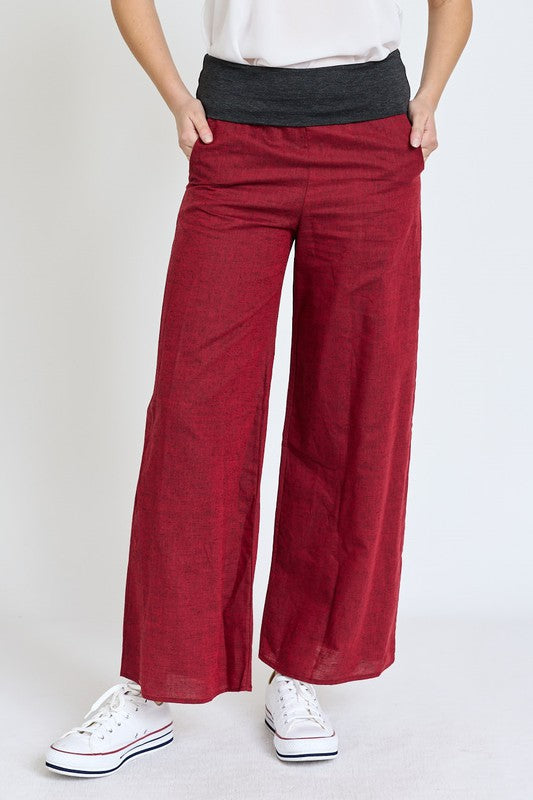 Cotton Linen Wide Leg Pants Fold Over With Pockets