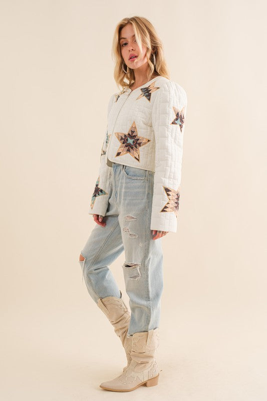 Quilted Multi Star Padded Western Crop Jacket