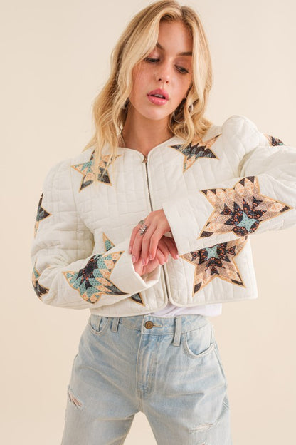 Quilted Multi Star Padded Western Crop Jacket