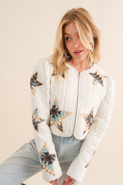 Quilted Multi Star Padded Western Crop Jacket