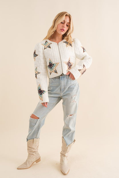 Quilted Multi Star Padded Western Crop Jacket