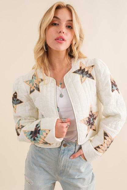 Quilted Multi Star Padded Western Crop Jacket