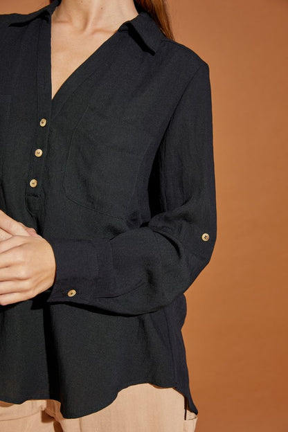 Black V Neck Button Down Henley Shirt