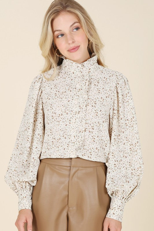 Stand collar floral frill blouse