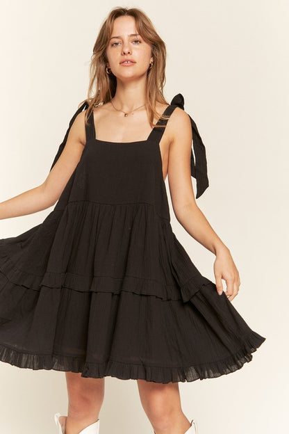 Black Square Neck Ruffle Dress