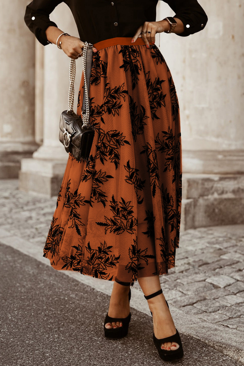 Apricot Floral Leaves High Waist Maxi Skirt