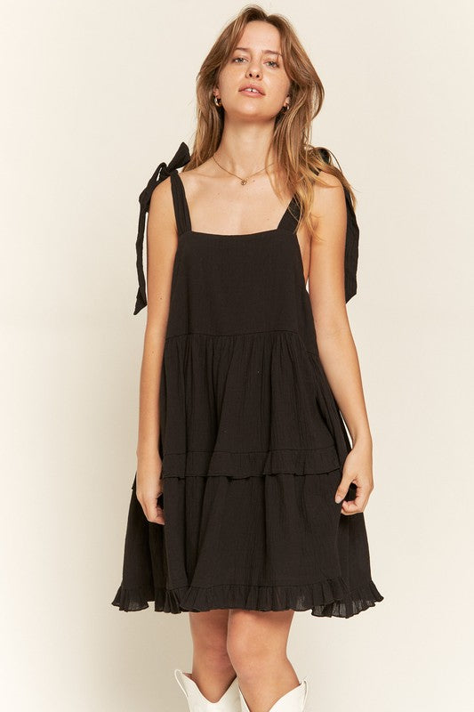 Black Square Neck Ruffle Dress