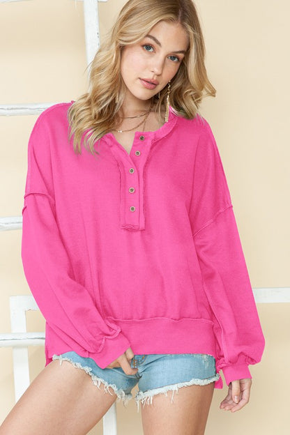 Cotton slouchy Drop Shoulder Henley Sweatshirt