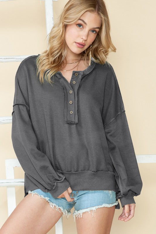 Cotton slouchy Drop Shoulder Henley Sweatshirt