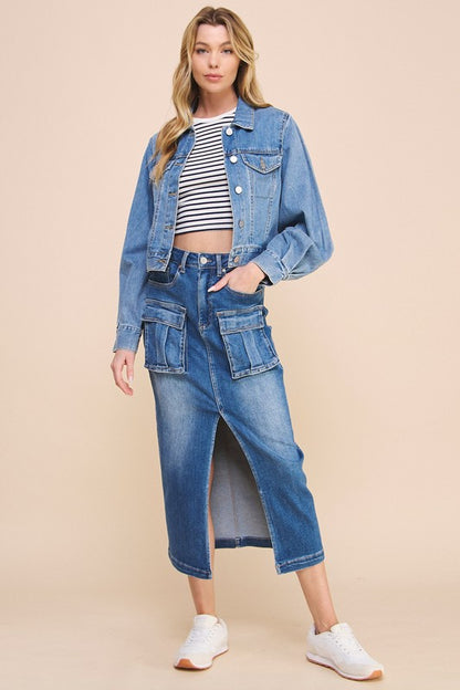 FRONT SLIT CARGO DENIM SKIRT