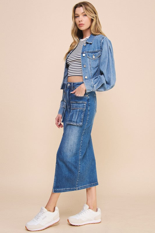 FRONT SLIT CARGO DENIM SKIRT