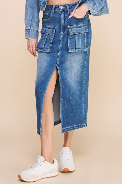 FRONT SLIT CARGO DENIM SKIRT