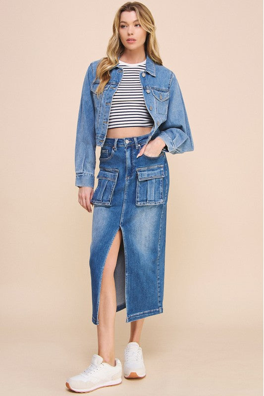 FRONT SLIT CARGO DENIM SKIRT