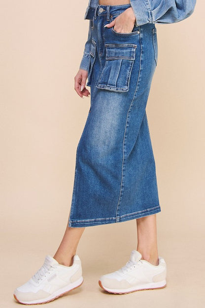 FRONT SLIT CARGO DENIM SKIRT