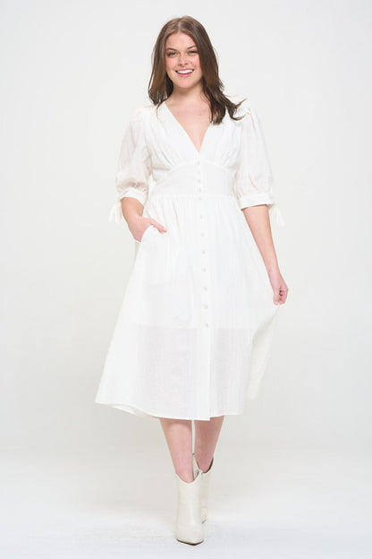 PLUS 3/4 PUFF SLV TEXTURED BUTTON DOWN MIDI DRESS