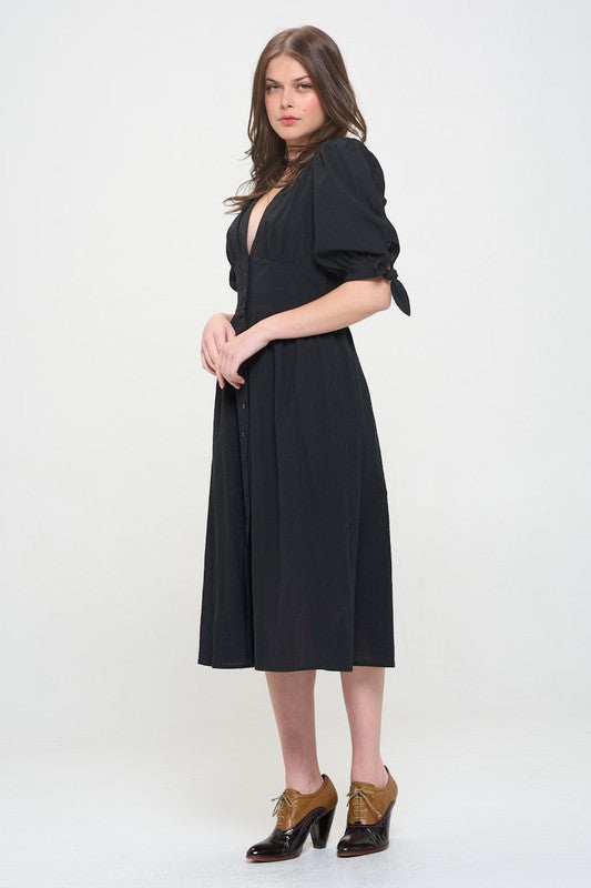 3/4 PUFF SLV TEXTURE VNECK BUTTON DOWN MIDI DRESS