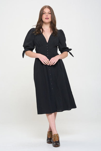 PLUS 3/4 PUFF SLV TEXTURED BUTTON DOWN MIDI DRESS