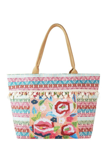 Flower and Tassel Beaded Tote Bag