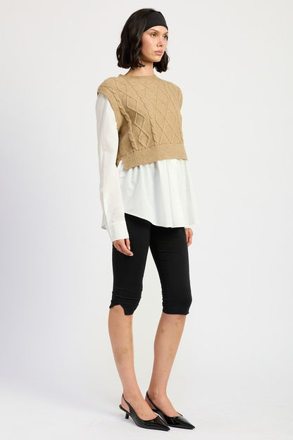 CABLE TWO FER SWEATER TOP