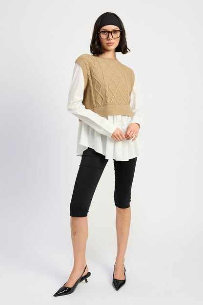 CABLE TWO FER SWEATER TOP